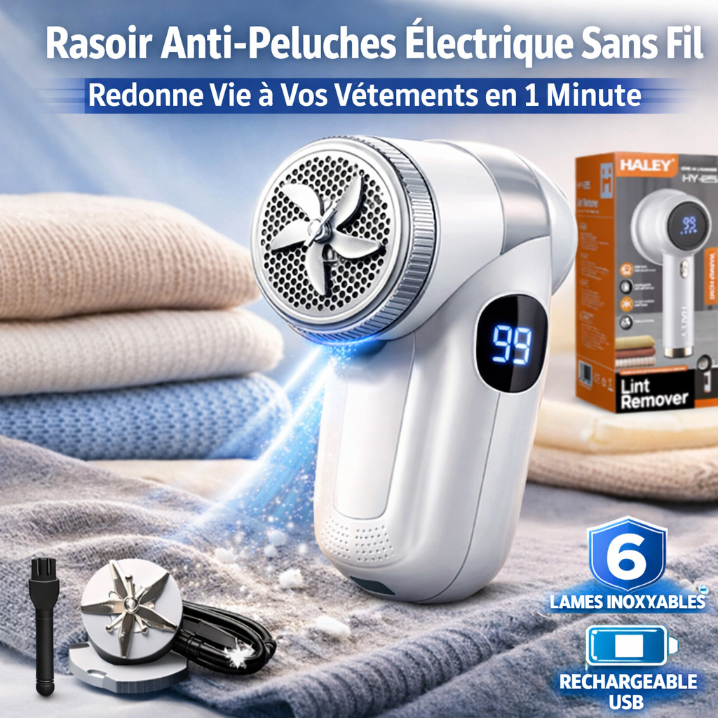 ✅ Éliminateur de peluches électrique sans fil HALEY – Rasoir à tissu rechargeable
