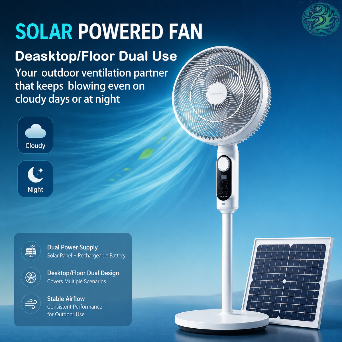 Ventilateur solaire rechargeable 12/16 pouces pour la maison et le camping, avec panneau solaire, batterie, affichage, sortie USB, lumière nocturne et