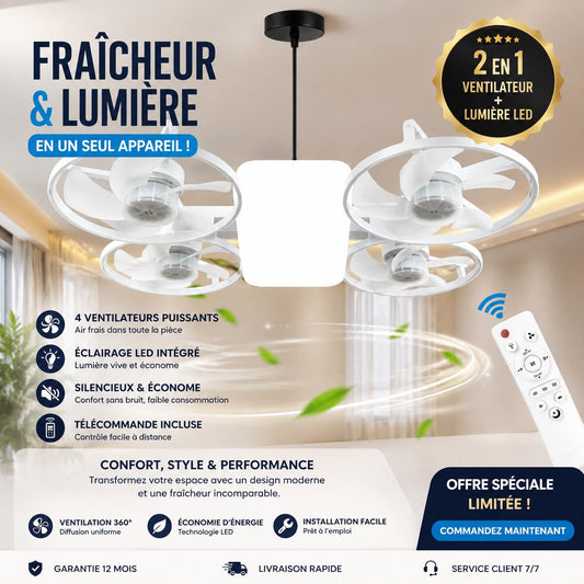 Ventilateur de plafond LED E27 moderne et pliable avec télécommande et variateur d'intensité, idéal pour la maison