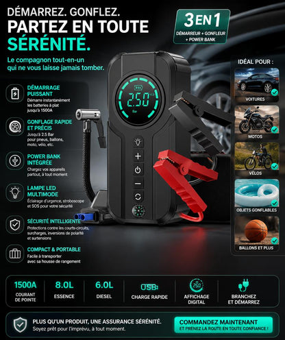 Jump Starter 6 en 1 – Démarreur de Voiture, Batterie Externe, Gonfleur de Pneus & Lampe LED SOS 🔋
