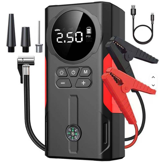Jump Starter 6 en 1 – Démarreur de Voiture, Batterie Externe, Gonfleur de Pneus & Lampe LED SOS 🔋