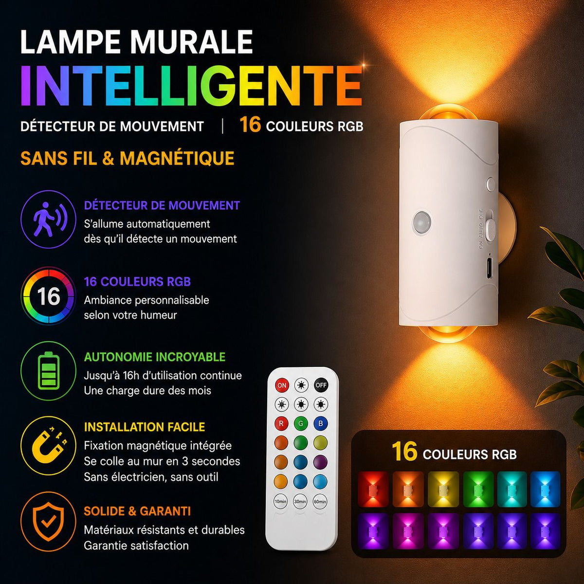 Lampe Murale Intelligente RGB – Détection de Mouvement, 16 Couleurs & Installation Magnétique