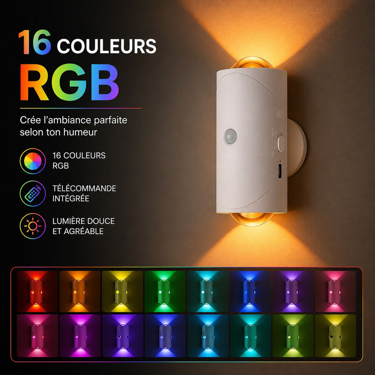 Lampe Murale Intelligente RGB – Détection de Mouvement, 16 Couleurs & Installation Magnétique