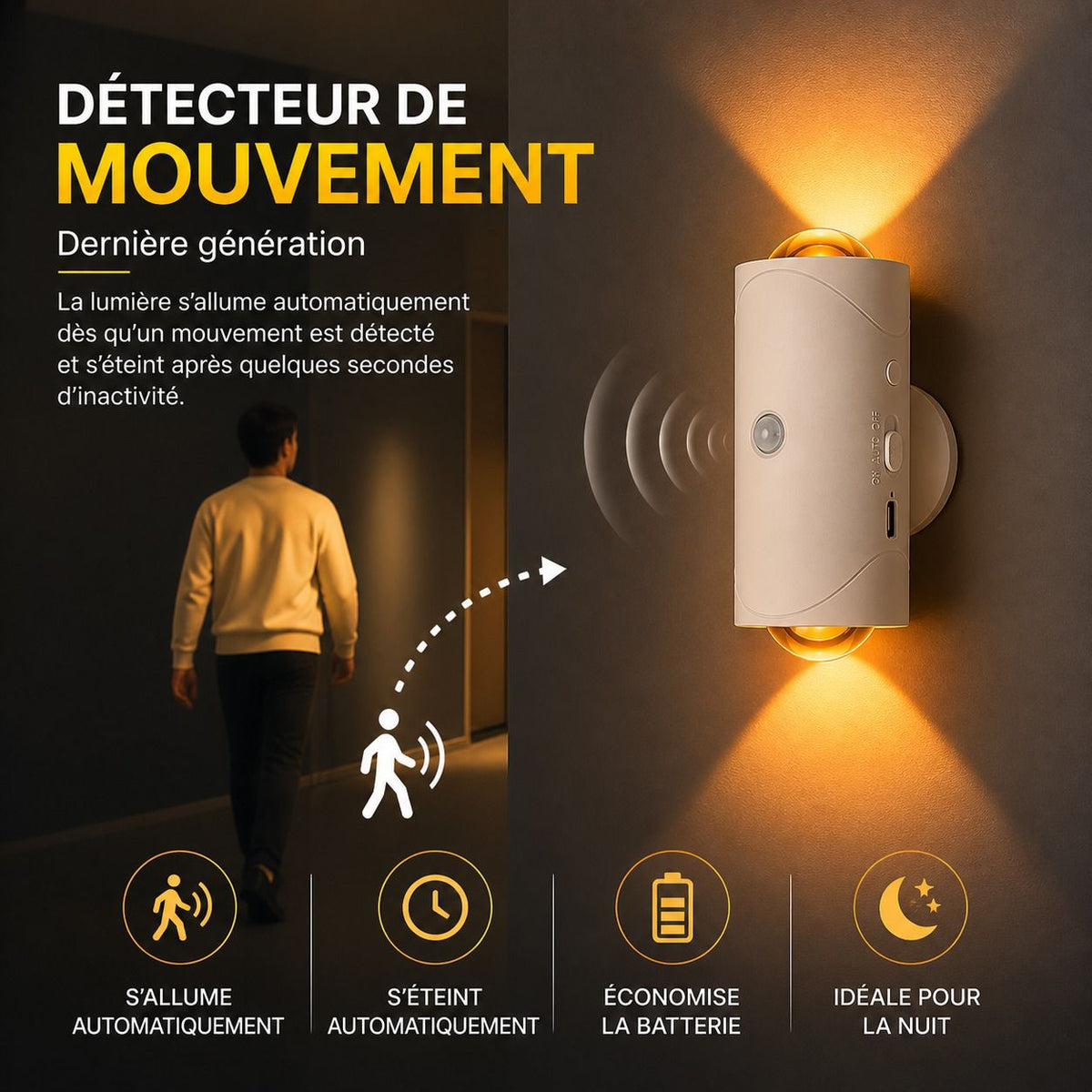 Lampe Murale Intelligente RGB – Détection de Mouvement, 16 Couleurs & Installation Magnétique