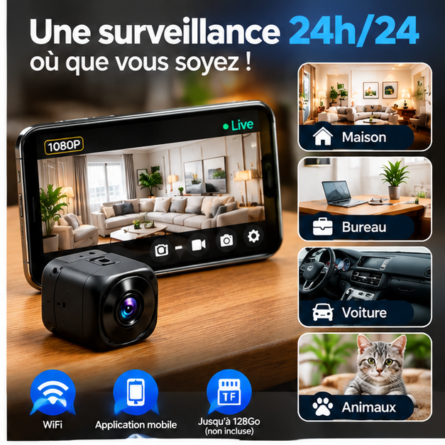 Mini Caméra HD 1080p  Wi-Fi Sans Fil de Sécurité à Boucle Magnétique
