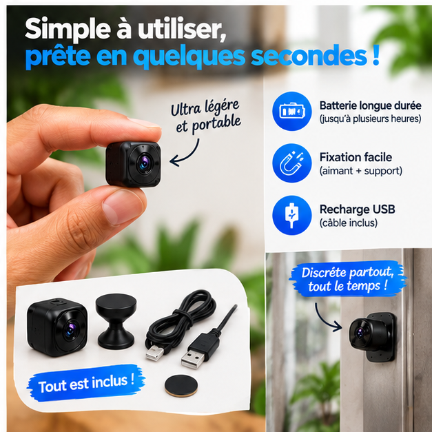 Mini Caméra HD 1080p  Wi-Fi Sans Fil de Sécurité à Boucle Magnétique