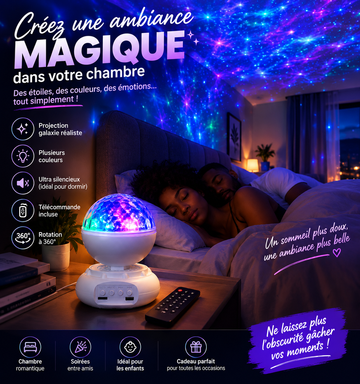 Projecteur laser ciel étoilé Aurora, veilleuse à ondulations d'eau avec musique Bluetooth, lampe d'ambiance