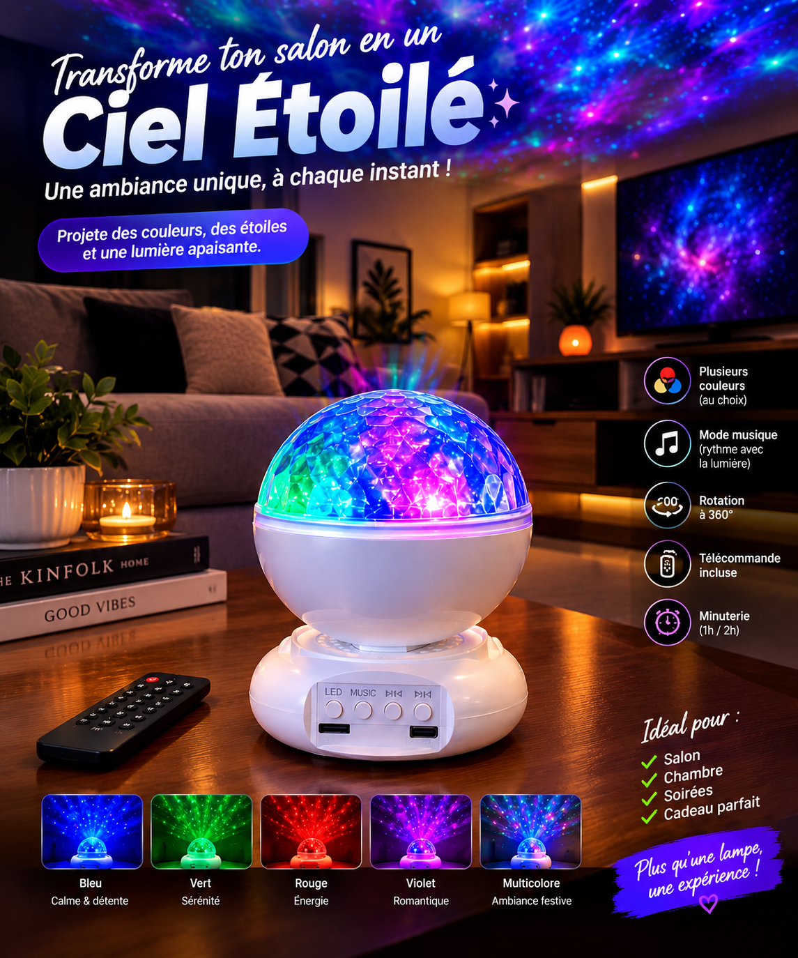 Projecteur laser ciel étoilé Aurora, veilleuse à ondulations d'eau avec musique Bluetooth, lampe d'ambiance