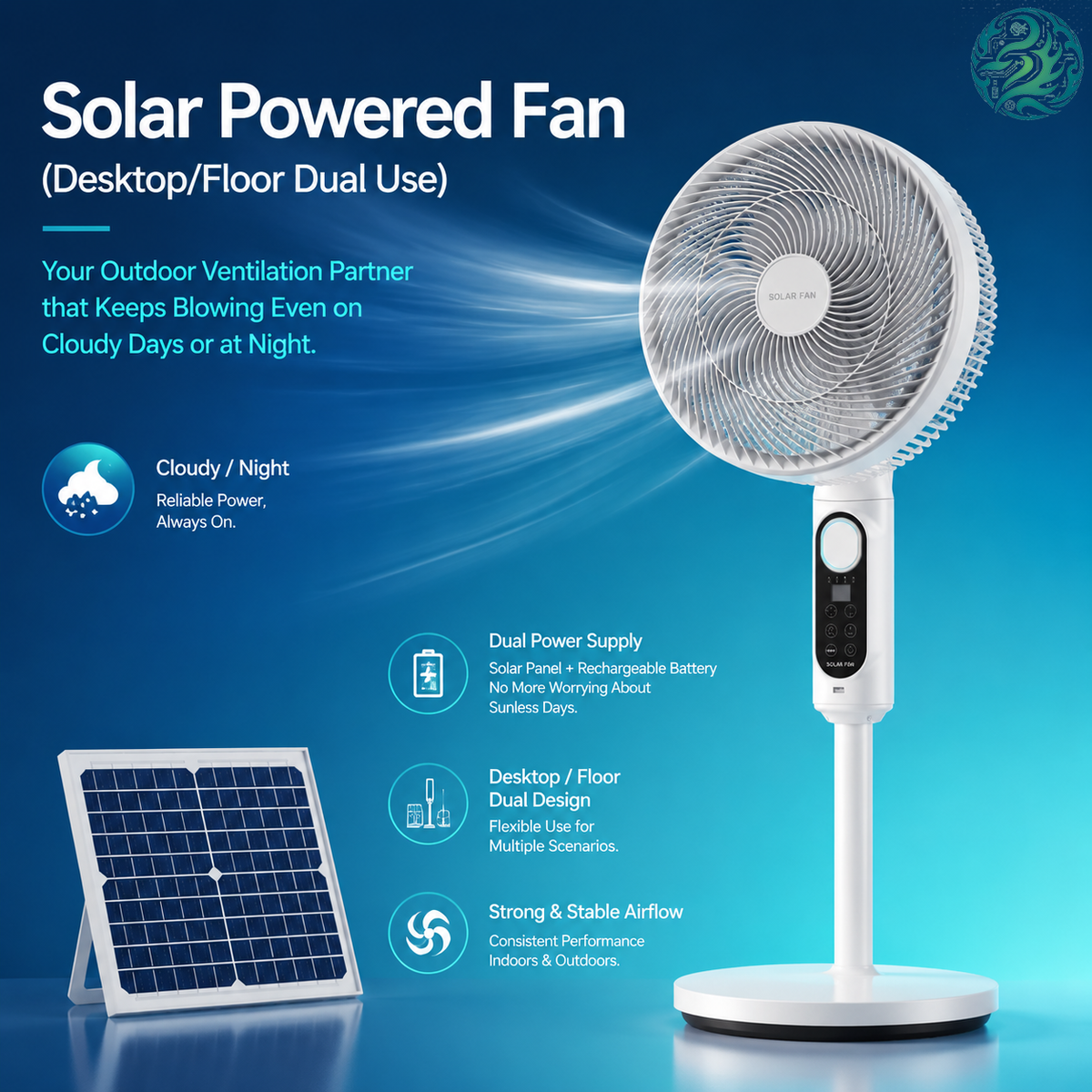 Ventilateur solaire rechargeable 12/16 pouces pour la maison et le camping, avec panneau solaire, batterie, affichage, sortie USB, lumière nocturne et