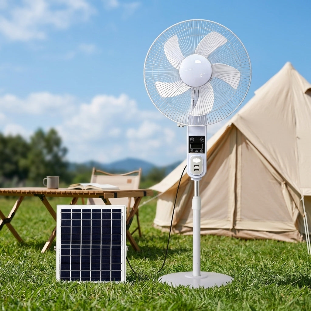 Ventilateur solaire rechargeable 12/16 pouces pour la maison et le camping, avec panneau solaire, batterie, affichage, sortie USB, lumière nocturne et