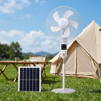 Ventilateur solaire rechargeable 12/16 pouces pour la maison et le camping, avec panneau solaire, batterie, affichage, sortie USB, lumière nocturne et