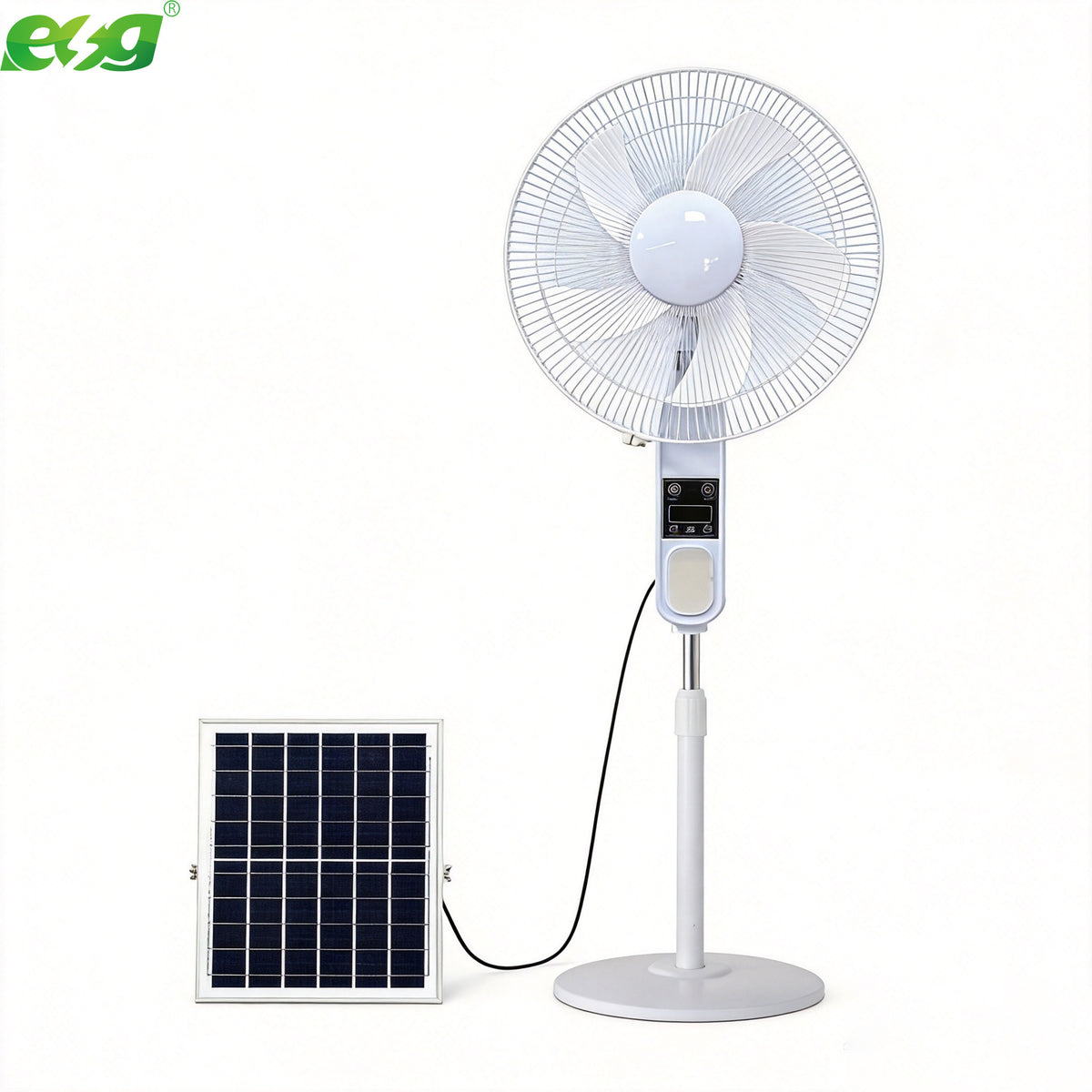 Ventilateur solaire rechargeable 12/16 pouces pour la maison et le camping, avec panneau solaire, batterie, affichage, sortie USB, lumière nocturne et