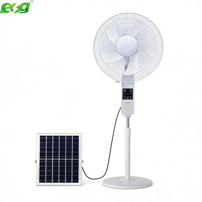 Ventilateur solaire rechargeable 12/16 pouces pour la maison et le camping, avec panneau solaire, batterie, affichage, sortie USB, lumière nocturne et