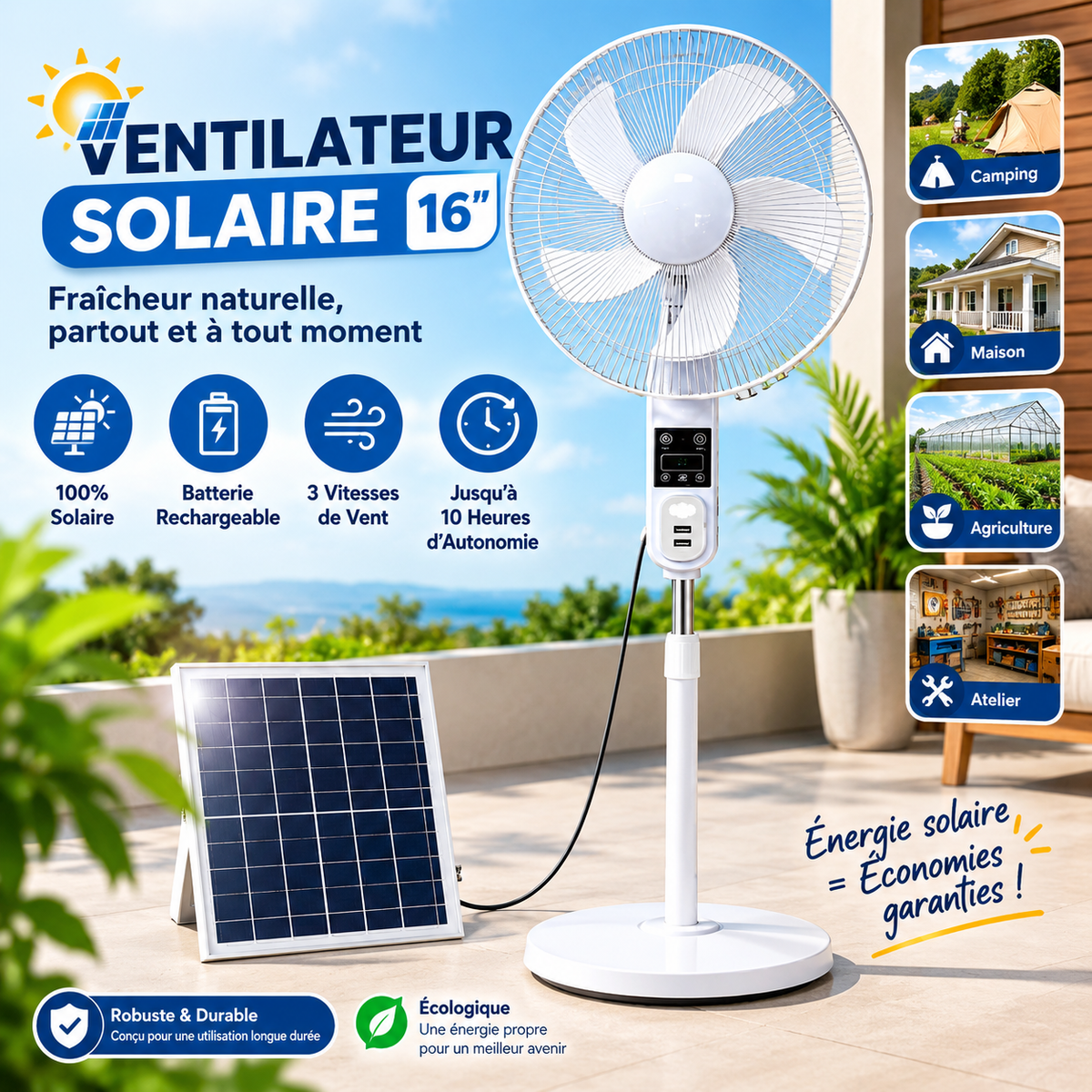 Ventilateur solaire rechargeable 12/16 pouces pour la maison et le camping, avec panneau solaire, batterie, affichage, sortie USB, lumière nocturne et