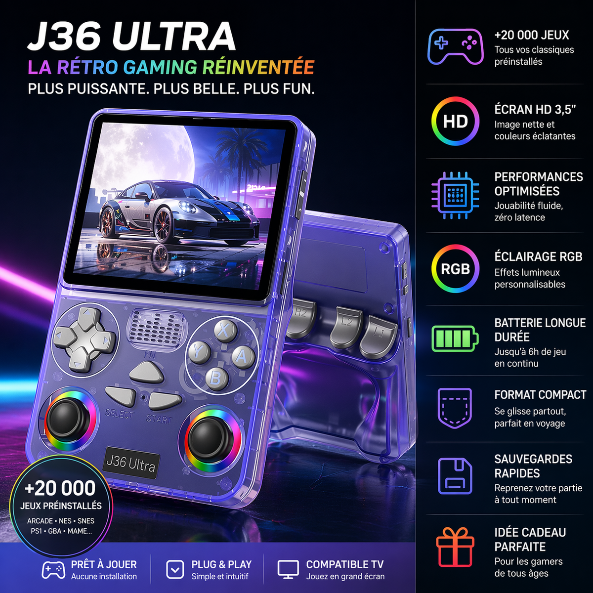🎮 Console de jeux J36 ULTRA – 16 000 Jeux Rétro & Modernes + WiFi, YouTube & Multijoueur en ligne 🎮